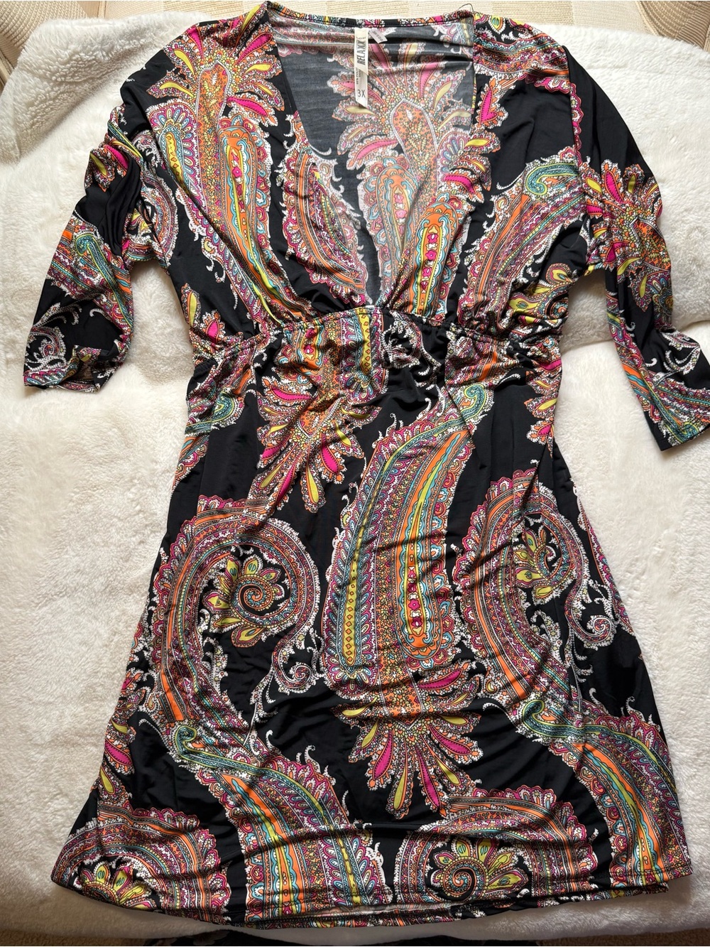 Relaxx by Exist 3X Black Paisley Boho Midi Dress Retro Colorful Ruched Waist
